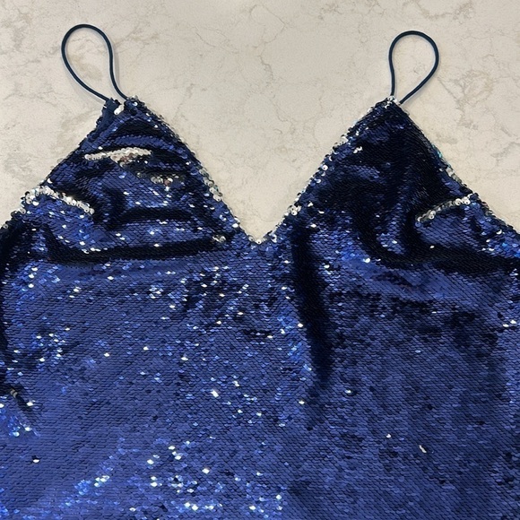 Free People Turn it On Swinging Sequins Lace Trimmed Tank Top Size Medium Blue - Picture 4 of 15